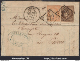 FRANCE N° 38+47 SUR LETTRE POUR PARIS GC 212 AUCH GERS + CAD DU 23/01/1872 - 1870 Emissione Di Bordeaux