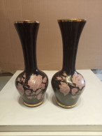 2 Vases Ancien Décor Rose Hauteur 20 Cm - Vasen