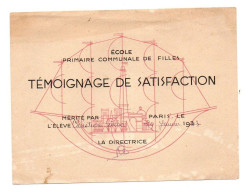 Témoignage De Satisfaction  école Primaire Communale De Filles à Paris En 1933 - Format : 16x12 Cm - Diplômes & Bulletins Scolaires