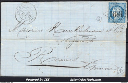 FRANCE N°60A SUR LETTRE POUR REIMS GC 1891 JOUGNE DOUBS + CAD DU 27/06/1873 - 1871-1875 Ceres