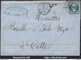 FRANCE N°22 SUR LETTRE POUR CETTE GC 2240 MARSEILLE + CAD ALGER BATEAU A VAPEUR - 1862 Napoléon III.