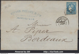 FRANCE N°46B SUR LETTRE GC 2240 MARSEILLE BOUCHES DU RHONE + CAD DU 21/03/1871 - 1870 Ausgabe Bordeaux