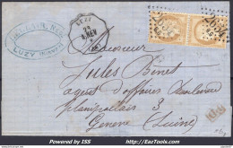 FRANCE N°55x2 SUR LETTRE POUR LA SUISSE GC 2654BG NEVERS BOITE GARE + CONVOYEUR - 1871-1875 Cérès