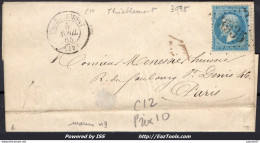 FRANCE N°22 SUR LETTRE GC 3935 THIEBLEMONT MARNE + CAD DU 12/12/1866 - 1862 Napoleon III