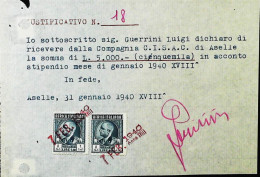 ITALIA - COLONIE FISCALI - MARCHE DA BOLLO Da ASELLE 1940 - S6017 - Other & Unclassified