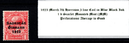 1923 March 7th Harrison 3 Line Coil In Blue Black Ink, 1 D Scarlet  Mounted Mint (MM) - Ongebruikt