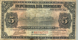 PARAGUAY 5 PESOS BLACK CITY SKYLINE FRONT MOTIF BACK DATED 25-10-1923 P.163a VG READ DESCRIPTION - Paraguay