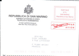 SAINT MARIN PLI AVION EN PORT PAYE POUR LA FRANCE - Covers & Documents