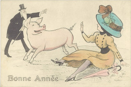 B Bonne Année, Cochons & Femme Au Grand Chapeau - Other & Unclassified