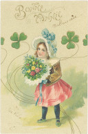 TB Bonne Année, Fillette & Fleurs, Trèfles à 4 Feuilles - New Year