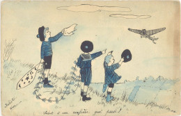 B Dessinée Main, Signée Juliette Nau – Enfants & Cerf-volant, Avion Monoplan - 1900-1949