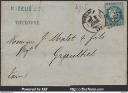 FRANCE N°46A SUR LETTRE GC 3982 TOULOUSE HTE GARONNE + CAD DU 08/04/1871 - 1870 Emission De Bordeaux