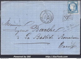 FRANCE N° 60C SUR LETTRE GC 3997 TOUR + CAD GARE DE TOURS DU 03/02/1876 - 1871-1875 Ceres