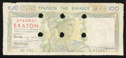 GRECIA Greece 100 Drachmai 1935 Con Fori Di Annullo Occupazione Italo Tedesca Lotto.4840 - Grèce