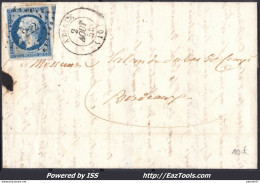 FRANCE N°14A SUR LETTRE POUR BORDEAUX PC 222 AZILLE AUDE + CAD DU 02/08/1855 - 1853-1860 Napoléon III.