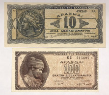 Grecia  Greece 10 100 Drachmai 1944 KM#320 134 135  Lotto 4842 - Grèce