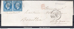 FRANCE PAIRE N°14A SUR LETTRE POUR BOUILLON BELGIQUE PC 1727 LILLE DU 28/11/1858 - 1853-1860 Napoleon III