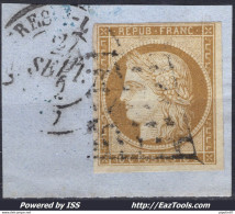 FRANCE CERES 10c BISTRE JAUNE N° 1 AVEC OBLITERATION GRILLE + CAD SUR FRAGMENT - 1849-1850 Ceres