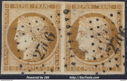 FRANCE CERES 10c BISTRE JAUNE PAIRE N° 1 AVEC PC 2706 LA ROCHELLE SIGNÉ BRUN - 1849-1850 Ceres