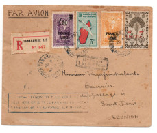 1917 - ENVELOPPE RECOMMANDEE PAR AVION De TANANARIVE (MADAGASCAR) Pour SAINT DENIS DE LA REUNION -> REEXPEDIEE - Storia Postale