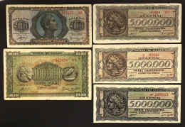 GRECIA Greece 100000 + 50000 + 5000000 Drachmai 1944 Pick#124 125 128 5 Banknotes Lotto.4822 - Grèce
