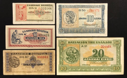 Grecia  Greece 50 Lepta + 1 E 2  Drachmai 1941 + 10 E 20 Drachmai 1940 5 Banknotes  Lotto 4849 - Grèce