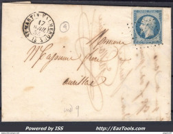 FRANCE N°14A SUR LETTRE PC 3200 ST MARTIN VALMEROUX CANTAL + CAD DU 17/04/1855 - 1853-1860 Napoléon III