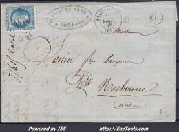 FRANCE N°29A SUR LETTRE GC 165 ARLES SUR TECH PYR ORIENTALES + CAD DU 31/03/1868 - 1863-1870 Napoléon III Con Laureles