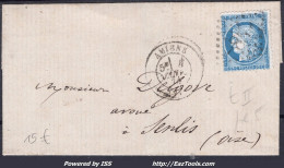 FRANCE N°60B SUR LETTRE GC 85 AMIENS SOMME + CACHET A DATE DU 04/01/1874 - 1871-1875 Cérès