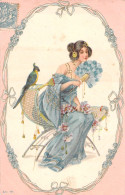 Illustrateur Non Signé - Femme Avec Un Perroquet Et Eventail En Plume - Carte Postale Ancienne - - Unclassified