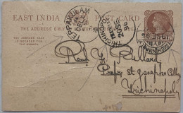 INDIA,1896,STATIONERY QUEEN CARD,EAST INDIA USED,TEPPAKULAM,TRICHINOPOLY 2 DIFF CANCELLATION. - 1882-1901 Keizerrijk