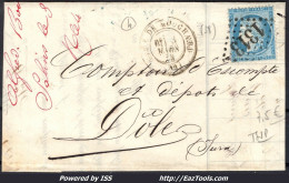 FRANCE N°60A SUR LETTRE POUR DOLE GC 1313 + CAD GARE DE BOUCHARD DU 03/03/1873 - 1871-1875 Cérès