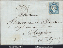 FRANCE N°60A SUR LETTRE GC 1175 COURBEVOIE SEINE + CAD DU 30/06/1873 - 1871-1875 Ceres