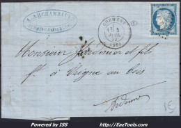 FRANCE N°60A SUR LETTRE GC 1136 CORMERY INDRE + CACHET A DATE DU 05/07/1873 - 1871-1875 Ceres