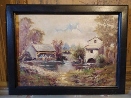 Delcampe - Tableau Paysage Lavandières Signé Chiffonny 02 - Oelbilder