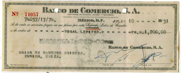 BANCO DE COMERCIO, S. A.  MÉXICO, D. F.  Assegno Chéque Specimen 1951 - Chèques & Chèques De Voyage