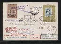 POLAND 1960 10TH GLIDER FLIGHT FLOWN CARD T1 100 YRS POLISH STAMP LESNO 1(k) GNIEZNO(aa) CDS BROWN OLYMPICS CINDERELLA - Alianti