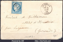 FRANCE N° 60A SUR LETTRE POUR LESPARRE GC 1811 LE HOUGA GERS + CAD DU 09/11/1872 - 1871-1875 Ceres