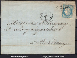 FRANCE N°60A SUR LETTRE GC 2255 LE MAS D'AGENAIS LOT ET GARONNE + CAD DU 07/12/1871 - 1871-1875 Cérès