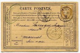 !!! CARTE PRECURSEUR CERES CACHET GARE D'AMIENS 1876 + CONVOYEURS AU VERSO - Voorloper Kaarten