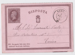 Italia Cartolina Postale Risposta Sarnico Torino 2 Feb 1874 - Interi Postali