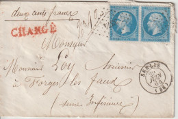 France Lettre Chargée 1864 De Senlis PC Du GC3374 (Oise)  Pour Forges (76) Avec Paire N°22 - 1849-1876: Classic Period