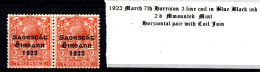 1923 March 7th Harrison 3 Line Coil In Blue Black Ink, 2d Die II Orange Horziontal Pair With Coil Join Mounted Mint (MM) - Ungebraucht