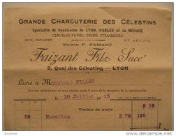 T573 / Facture 1913 GRANDE CHARCUTERIE DES CELESTINS - Saucissons Fumés - FAIZANT FILS 9 Quai Des Célestins à LYON - Fatture