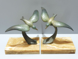 -PAIRE De SERRE LIVRES ART DECO MOUETTES En BRONZE Sur Marbre Déco XXe VITRINE    E - Other Book Accessories