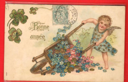 EBM-04 RARE Bonne Année Ange Et Brouette D'or Et De Bleuets. Art Nouveau Jugendstil. Gaufré Geprägt.Circulé 1904 - Neujahr