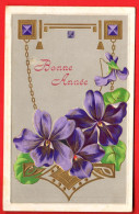 EBM-07  Bonne Année . Symboles. Violettes . Art Nouveau Jugendstil. Gaufré Geprägt.Circulé 1909 - Neujahr