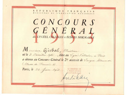 Concours Général Des Lycées, Collèges Et écoles Normales à Paris En 1953 - Format : 27x21 Cm - Diplômes & Bulletins Scolaires