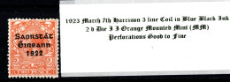 1923 March 7th Harrison 3 Line Coil In Blue Black Ink, 2d Die II Orange  Mounted Mint (MM) - Nuovi