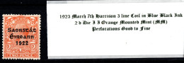 1923 March 7th Harrison 3 Line Coil In Blue Black Ink, 2d Die II Orange  Mounted Mint (MM) - Ungebraucht